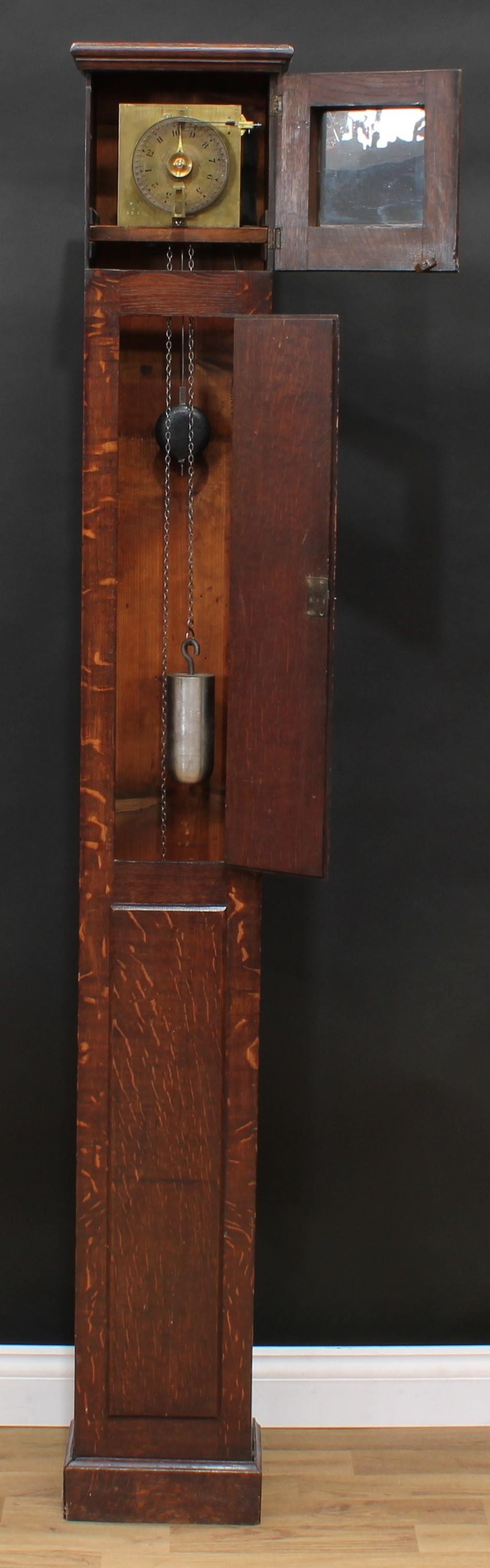 A Victorian oak night watchman's noctuary longcase watch clock, 14cm square brass dial inscribed - Image 4 of 5