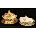 An early 19th century English Rococo Revival porcelain sucrier, cover, and stand, previously