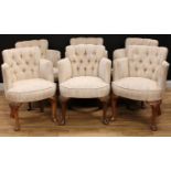 A set of six George II Revival club or tub chairs, each with a deep-button back, stuffed over