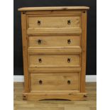 A contemporary pine chest of four long drawers, 131cm high, 92cm wide, 48.5cm deep