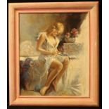 Pina (20th century) A Lady Dressing signed, signed again to verso, oil on board, 59cm x 49cm