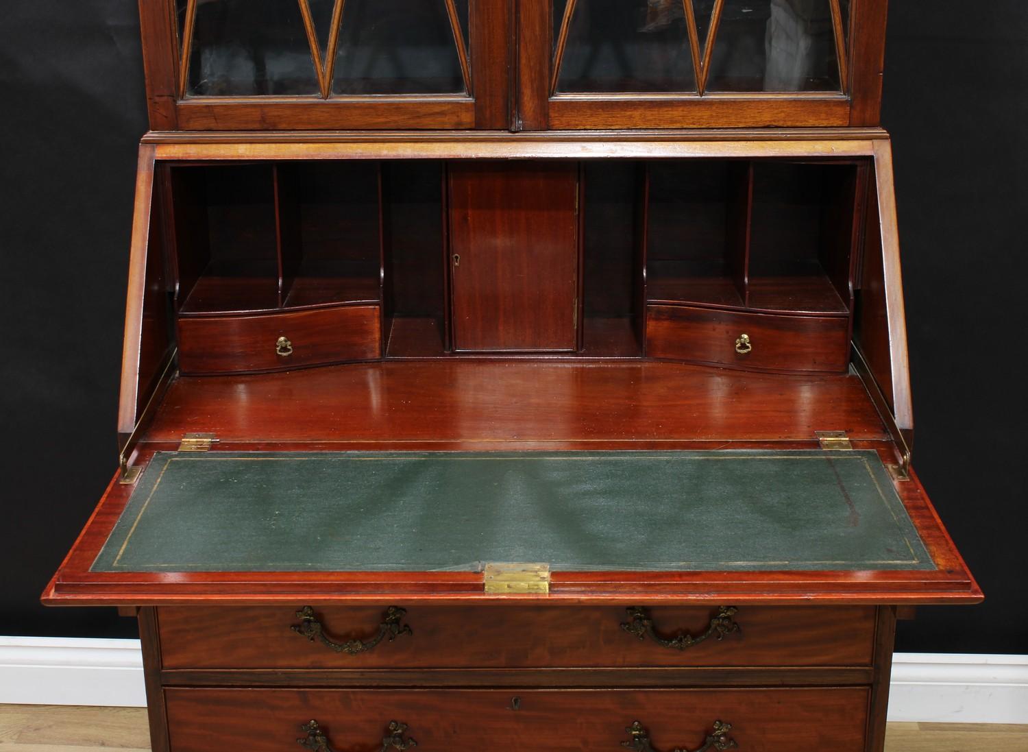 A George III Revival mahogany bureau bookcase, shallow outswept cornice above a pair of glazed doors - Image 5 of 5