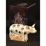 A Royal Crown Derby paperweight, Priscilla the Pig, Collector's Guild exclusive, gold stopper, boxed