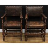 A pair of Cromwellian Revival open armchairs, in the manner of Augustus Welby Northmore Pugin,