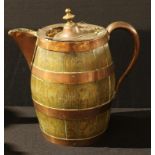 A 19th century copper-coopered oak barrel-shaped flagon or jug, knop finial, scroll handle, 32cm
