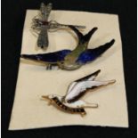 A 925 silver dragonfly brooch; an enamel Bluebird brooch; a Blakeney Seagull brooch (3)