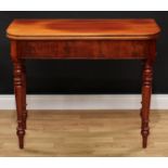 A Victorian mahogany tea table, hinged top above a deep frieze, turned legs, 78cm high, 96cm wide,