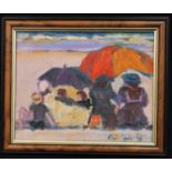 Ross Foster Impressionist Coastal Scene, figures under parasols signed, oil on canvas, 19cm x 24cm