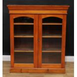 A Victorian style pine pier display cabinet, outswept cornice above a pair of glazed doors enclosing