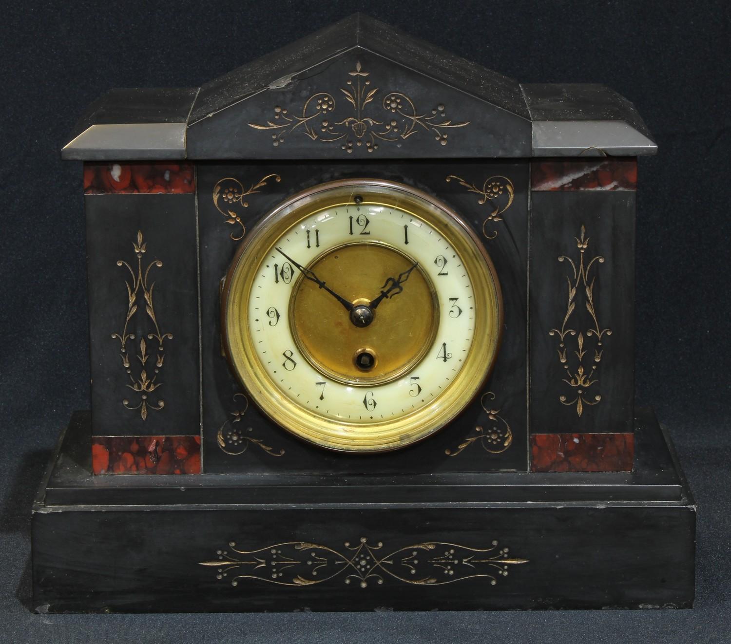 A Victorian black slate noir belge mantel clock, 24cm high, 28cm wide