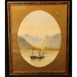 Edwin Earp (1851-1945) Fishing Boat on an Italian Lake signed, dated 76, watercolour, oval, 42cm x