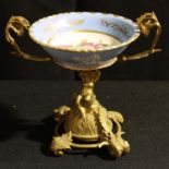 A French gilt metal and porcelain comport, 17cm high