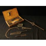 Tools - a Peter Stubs screw plate; a wire gauge; other engineering tools including tap and die,