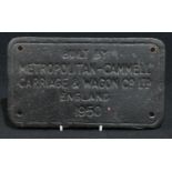 A cast iron plate, Metropolitan-Cammel Carriage & Wagon Co, 1950, 13cm x 22.5cm