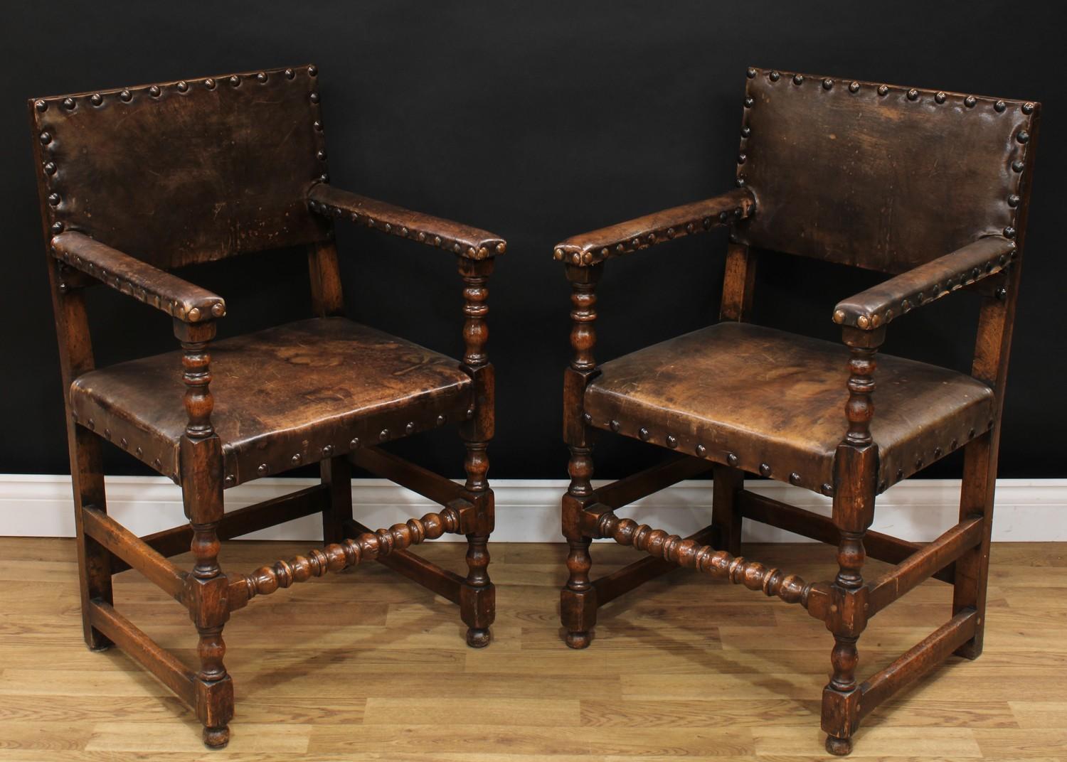 A pair of Cromwellian Revival open armchairs, in the manner of Augustus Welby Northmore Pugin, - Image 2 of 6