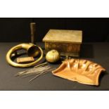 A vintage brass car horn; an Aesthetic Movement brass- clad box, embossed in the Japanesque taste;