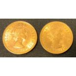 A Queen Elizabeth II full gold sovereign, 1957; another 1958 (2)