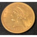 A 1900 Liberty Head $5 gold coin, 8.4g