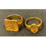 A Chinese 22ct gold signet ring, size R, Chinese hall marks, stamped 22k 19.8g; another yellow