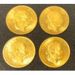 Four Austrian Franc IOS I.D.G. 1 Ducat gold coins 1915 restrike, 14.1g gross