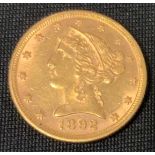 A 1892 Liberty Head $5 gold coin, 8.4g