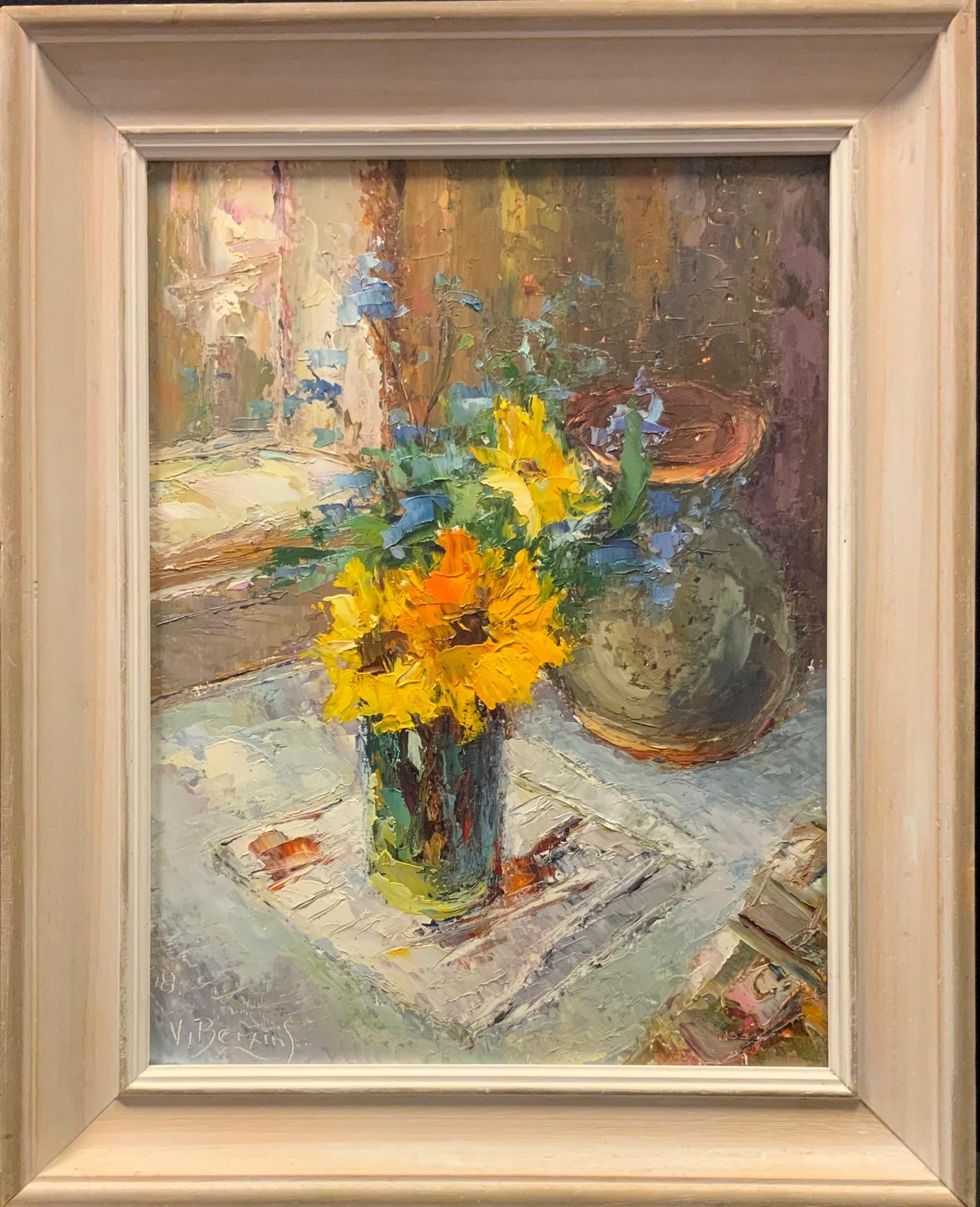 Valter Berzins (1925-2009) Latvian Yellow Daisies & Forget Me Nots oil on board, signed 36 x