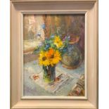Valter Berzins (1925-2009) Latvian Yellow Daisies & Forget Me Nots oil on board, signed 36 x