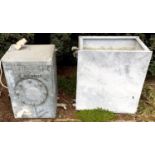 Two galvanised water tanks. 61cm high x 52cm wide x 37cm deep; other 59cm high x 39cm wide x 37cm