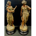 A pair of spelter figures, Duo and Idylle, after Paul Dubois, socle bases, 53cm high (2)