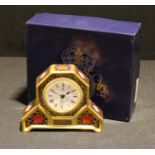 A Royal Crown Derby Imari palette 1128 pattern desk clock, first quality, boxed