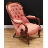 A Victorian mahogany drawing room chair, deep-button back, open Regency design scroll arms,