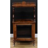 A Victorian walnut and marquetry music room cabinet, pierced three-quarter gallery centred by an