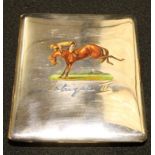 A George V silver and enamel rounded rectangular cigarette case, hinged cover decorated in