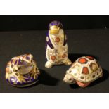 A Royal Crown Derby paperweight, Duckbilled Platypus, gold stopper; others, Frog, gold stopper;