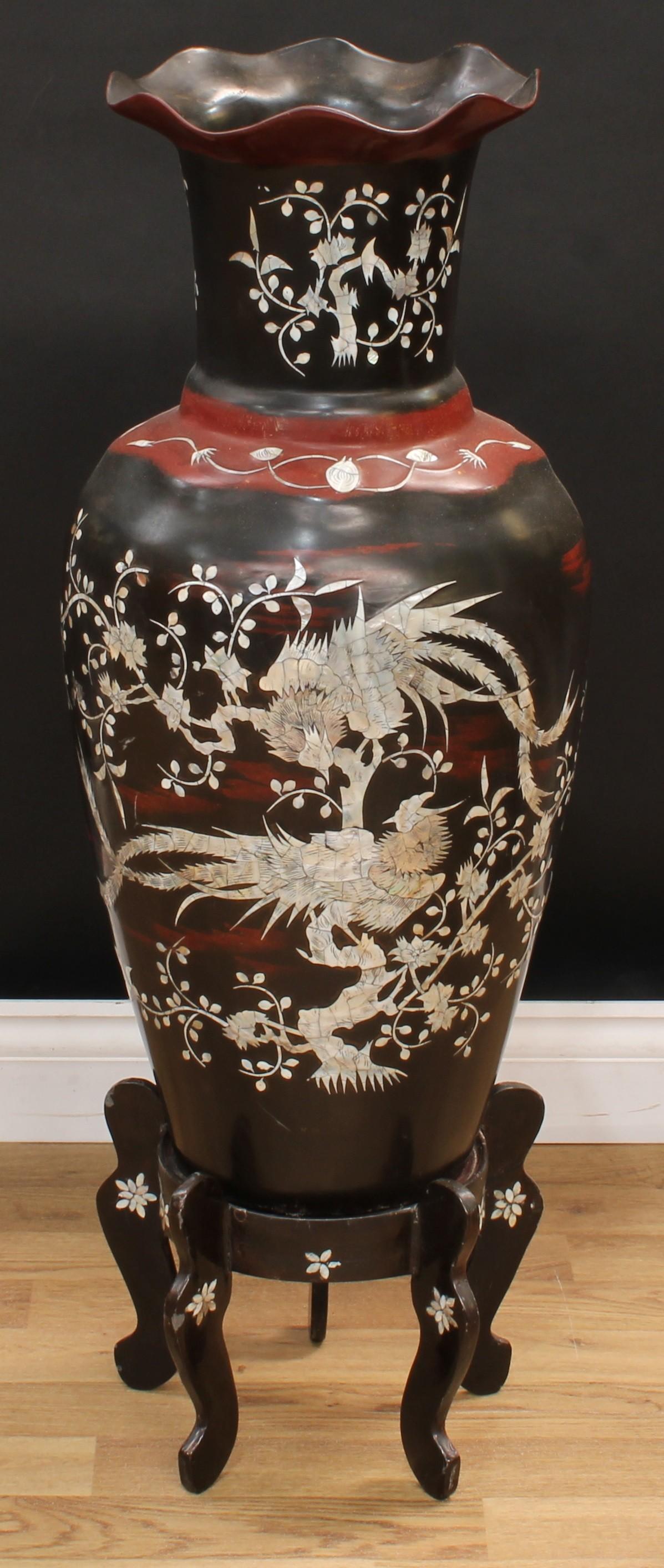 A large Japanese lacquer and mother of pearl 'shibayama' marquetry floor vase and stand, 96cm high