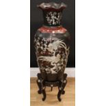 A large Japanese lacquer and mother of pearl 'shibayama' marquetry floor vase and stand, 96cm high