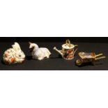 A Royal Crown Derby paperweight, Meadow Rabbit, gold stopper; another, Lamb, gold stopper; a
