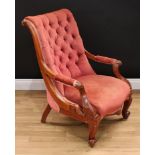 A Victorian mahogany drawing room chair, deep-button back, outswept open arms, acanthus scroll