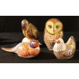 A Royal Crown Derby paperweight, Barn Owl, gold stopper; others, Kingfisher, Hen, Pheasant, all gold