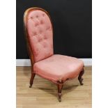 A Victorian walnut drawing room chair, button-back, stuffed-over upholstery, serpentine seat,