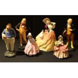 Royal Doulton Figures - Mr Micawber, Mr Pickwick, fat boy, Cissie, Lillie and Autumn Breezes,