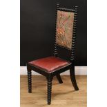 A late Victorian ebonised bobbin-turned hall chair, needlework back, drop-in seat, 98.5cm high, 40cm