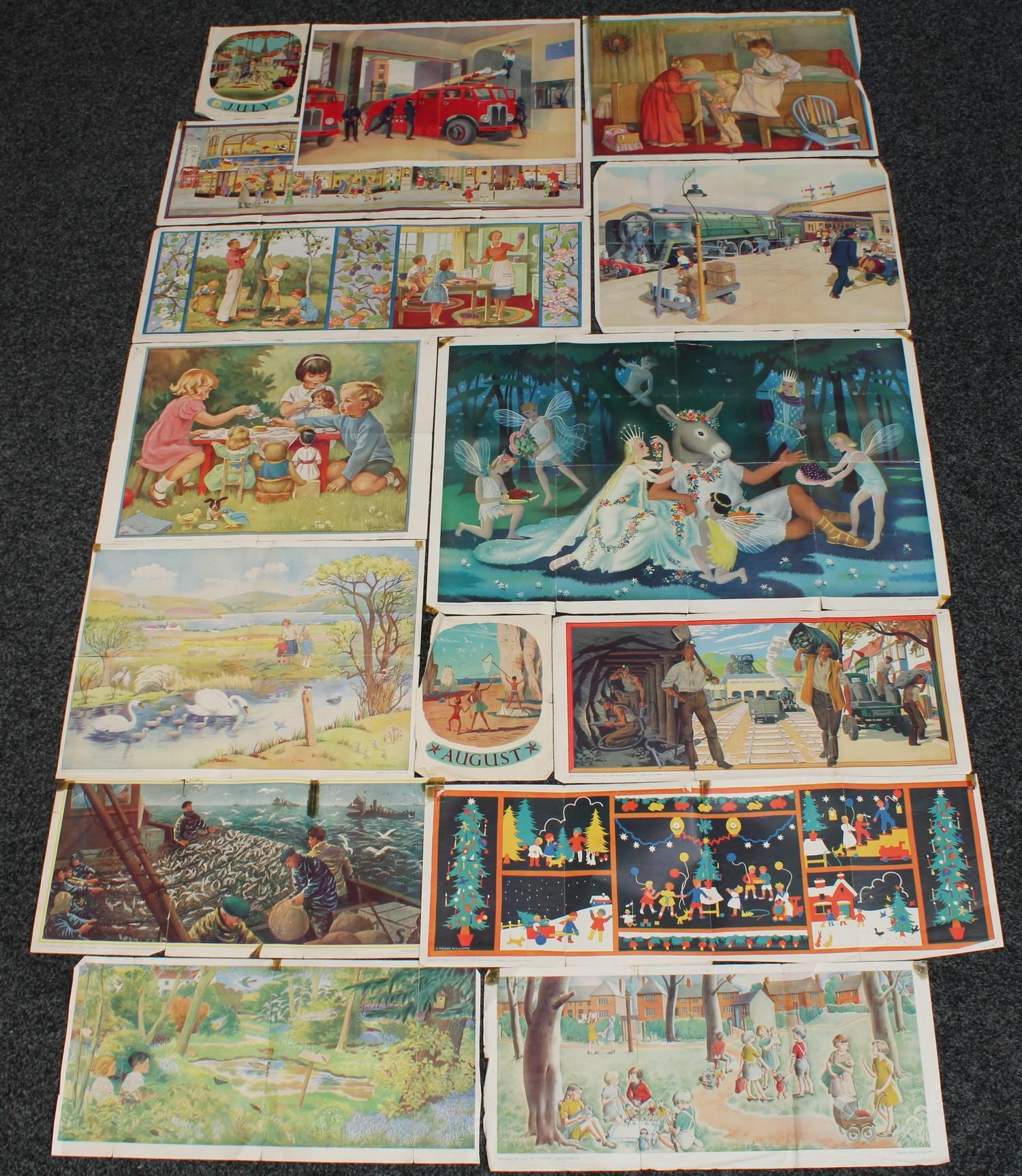 A collection of 1950?s children?s educational posters, various activities to the reverse sides (