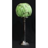 An Art Deco table lamp, chrome three step base and column, marbled green glass shade, 47cm high