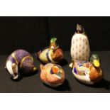 A Royal Crown Derby paperweight, Mallard Duck, silver stopper; others, Carolina Duck, Pheasant,