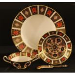 A Royal Crown Derby Imari 1128 pattern two handled soup dish on saucer; an A.1314 pattern dinner