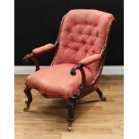 A Victorian mahogany drawing room chair, scroll button back, open arms terminating in scroll hand