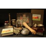 Boxes and Objects - a WWI needlework memorial panel; an oak inkbox; a set of laboratory weights,