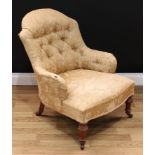 A Victorian drawing room chair, shaped deep-button back, stuffed-over upholstery, turned forelegs,