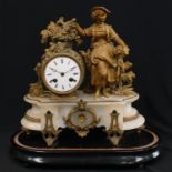 A gilt spelter and white onyx figural mantel clock, 33cm high